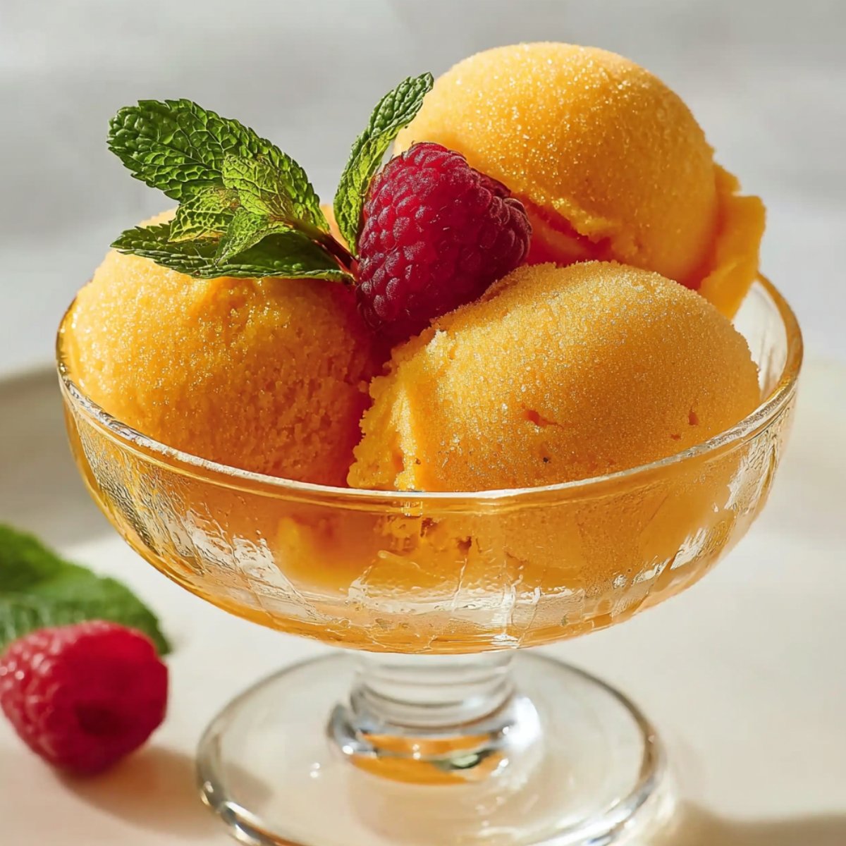 Three scoops of vibrant orange mango sorbet in a glass dessert coupe, garnished with fresh raspberries and mint sprigs, with a raspberry and mint leaves alongside on a light surface.