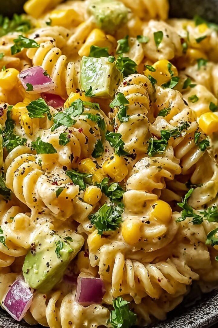 Close-up overhead view of a dark textured bowl heaped with creamy Mexican street corn pasta salad featuring rotini pasta coated in a tangy chili-lime cream dressing, mixed with sweet yellow corn kernels, diced red onion, and chunky avocado pieces, generously topped with chopped fresh cilantro and cracked black pepper and red chili flakes.
