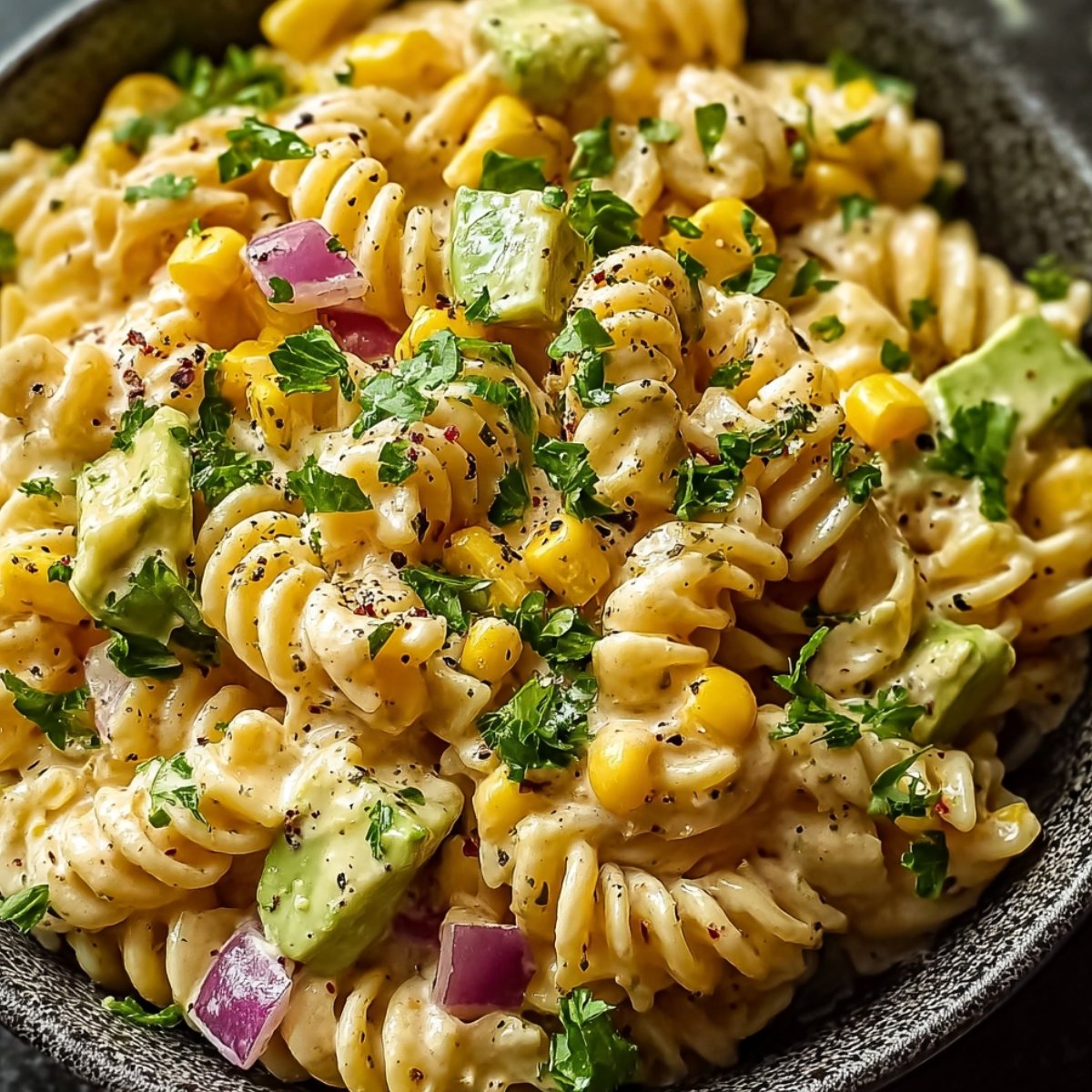 Close-up overhead view of a dark textured bowl heaped with creamy Mexican street corn pasta salad featuring rotini pasta coated in a tangy chili-lime cream dressing, mixed with sweet yellow corn kernels, diced red onion, and chunky avocado pieces, generously topped with chopped fresh cilantro and cracked black pepper and red chili flakes.