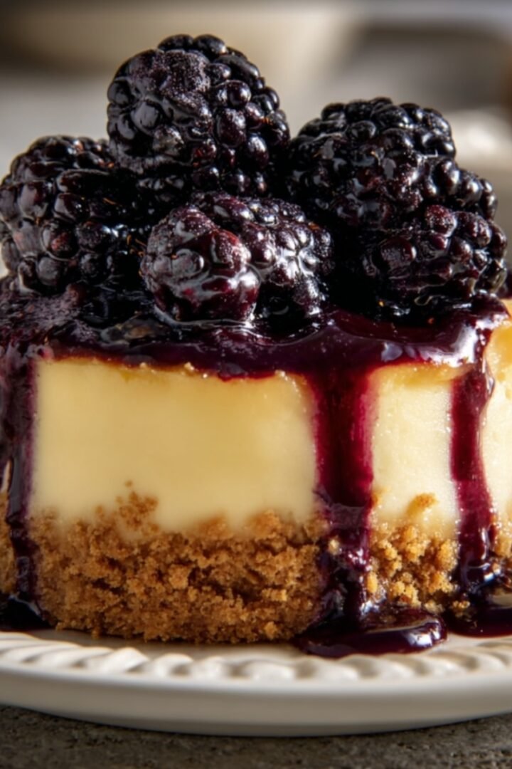 A close-up of a single mini blackberry lavender cheesecake with a thick golden graham cracker crust, smooth creamy vanilla cheesecake filling, and a rich deep purple blackberry lavender sauce drizzling down the sides, topped with a generous mound of glossy whole fresh blackberries, served on a white ridged ceramic plate on a gray stone surface with blurred serving dishes in the background.