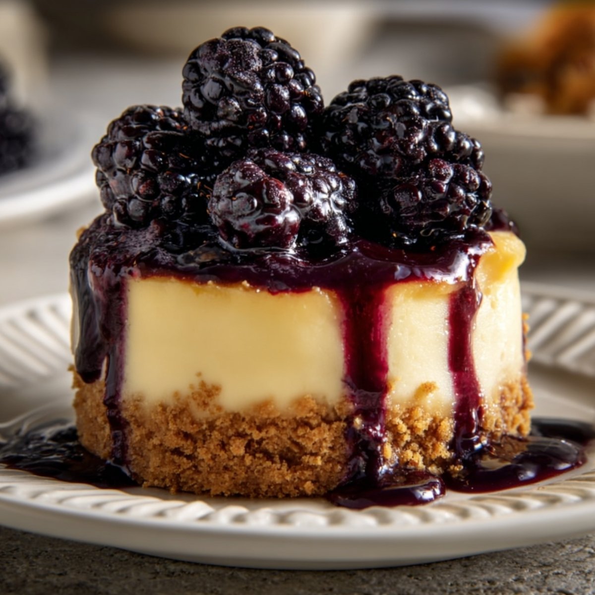 A close-up of a single mini blackberry lavender cheesecake with a thick golden graham cracker crust, smooth creamy vanilla cheesecake filling, and a rich deep purple blackberry lavender sauce drizzling down the sides, topped with a generous mound of glossy whole fresh blackberries, served on a white ridged ceramic plate on a gray stone surface with blurred serving dishes in the background.