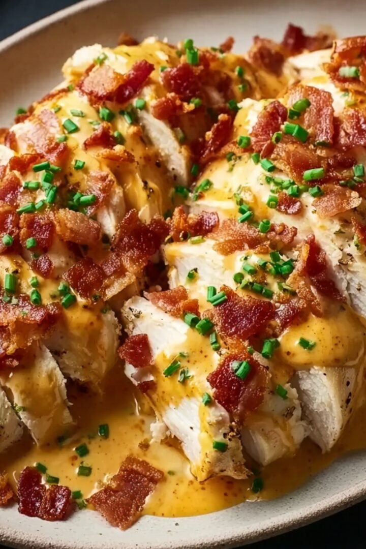 Sliced baked chicken breast smothered in melted golden cheese sauce, topped with crispy crumbled bacon and fresh chopped chives, served on a white ceramic plate.