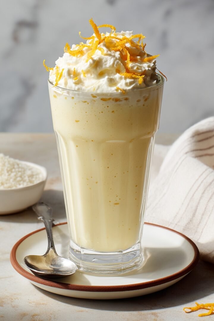 A tall glass of Orange Creamsicle Shake topped with whipped cream and orange zest, served on a saucer with a spoon and a small bowl of sugar nearby.