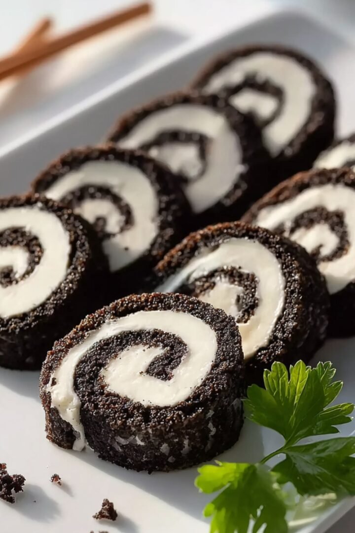 Six Oreo sushi rolls arranged on a white rectangular platter, each showing a beautiful spiral cross-section of dark crushed Oreo cookie exterior rolled around a creamy white cream cheese filling, garnished with a fresh herb sprig and scattered Oreo crumbs, with wooden chopsticks resting in the upper corner on a bright white surface.