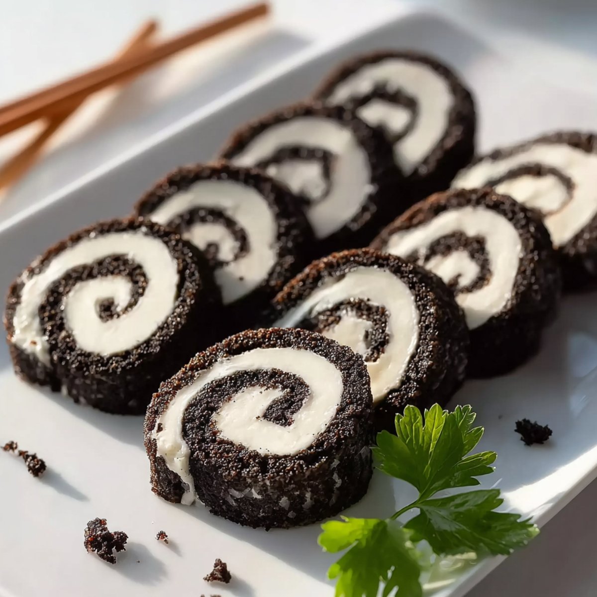 Six Oreo sushi rolls arranged on a white rectangular platter, each showing a beautiful spiral cross-section of dark crushed Oreo cookie exterior rolled around a creamy white cream cheese filling, garnished with a fresh herb sprig and scattered Oreo crumbs, with wooden chopsticks resting in the upper corner on a bright white surface.