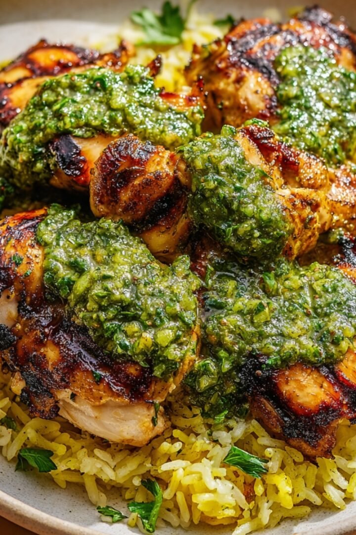A rustic speckled ceramic plate piled with charred and caramelized Peruvian-spiced chicken thighs resting on a bed of fluffy yellow seasoned rice, generously smothered with vibrant chunky green aji verde sauce made of blended cilantro, jalapeño, and herbs, garnished with fresh parsley leaves, on a warm wooden surface.