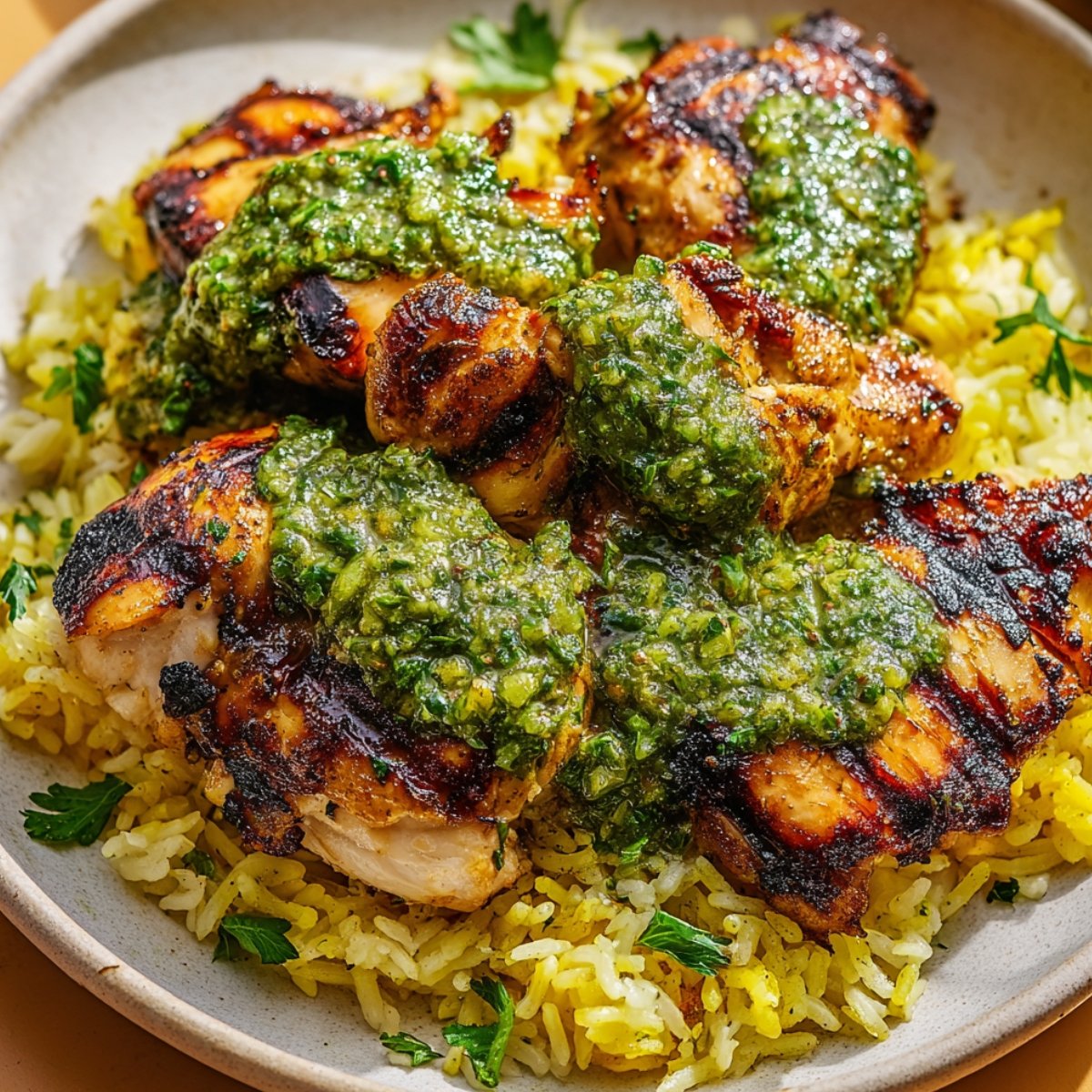 A rustic speckled ceramic plate piled with charred and caramelized Peruvian-spiced chicken thighs resting on a bed of fluffy yellow seasoned rice, generously smothered with vibrant chunky green aji verde sauce made of blended cilantro, jalapeño, and herbs, garnished with fresh parsley leaves, on a warm wooden surface.