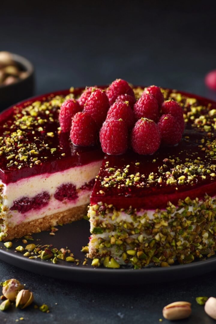 An elegant whole pistachio raspberry crunch cheesecake on a dark gray plate with one slice removed, revealing distinct layers of a golden graham cracker base, creamy white cheesecake filling studded with whole raspberries, and a glossy deep red raspberry jelly top layer dusted with crushed pistachios, with the entire sides of the cake coated in vibrant green crushed pistachios and topped with a cluster of fresh raspberries, with scattered pistachios and fresh raspberries decorating the dark slate surface and a small bowl of pistachios in the background.