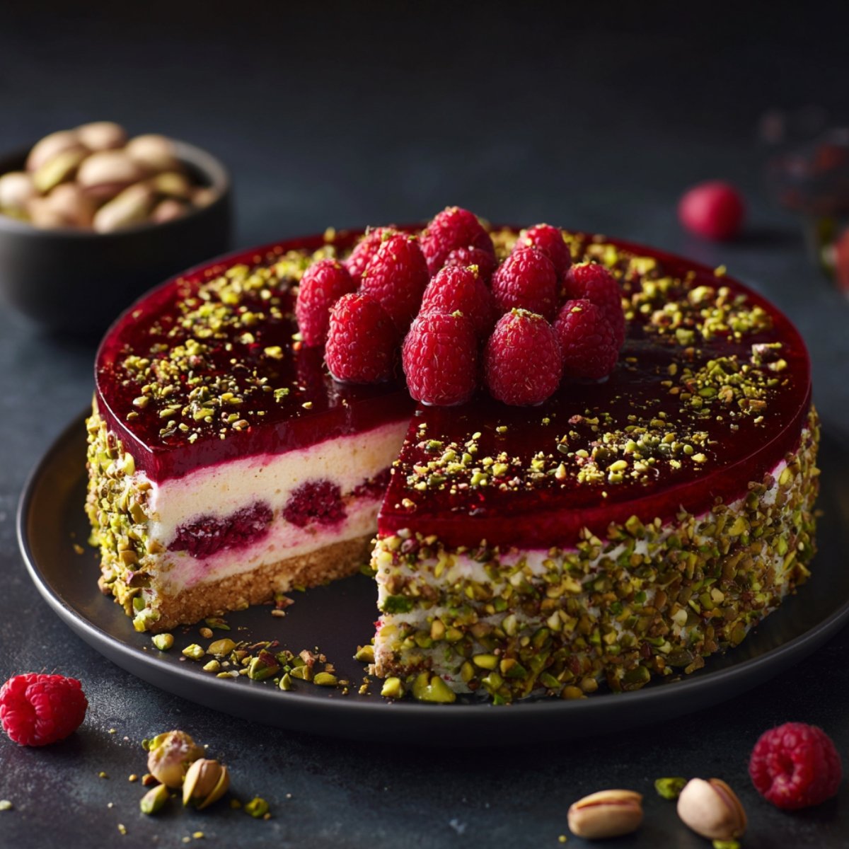 An elegant whole pistachio raspberry crunch cheesecake on a dark gray plate with one slice removed, revealing distinct layers of a golden graham cracker base, creamy white cheesecake filling studded with whole raspberries, and a glossy deep red raspberry jelly top layer dusted with crushed pistachios, with the entire sides of the cake coated in vibrant green crushed pistachios and topped with a cluster of fresh raspberries, with scattered pistachios and fresh raspberries decorating the dark slate surface and a small bowl of pistachios in the background.