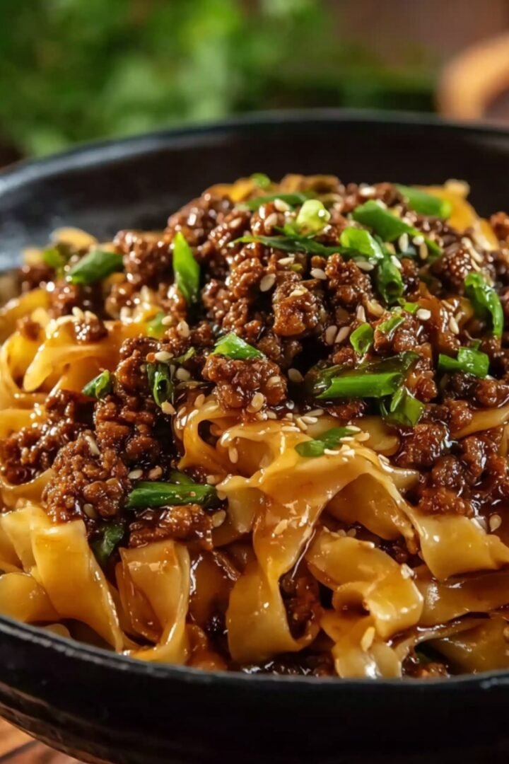 A dark ceramic bowl heaped with glossy wide flat rice noodles coated in a rich savory potsticker-inspired soy and ginger sauce, topped with seasoned crumbled ground meat, sliced green onions, and sesame seeds, on a warm wooden surface with blurred fresh herbs and a wooden container in the background.