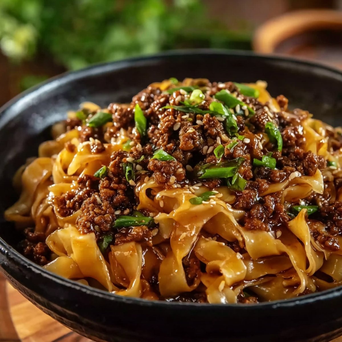 A dark ceramic bowl heaped with glossy wide flat rice noodles coated in a rich savory potsticker-inspired soy and ginger sauce, topped with seasoned crumbled ground meat, sliced green onions, and sesame seeds, on a warm wooden surface with blurred fresh herbs and a wooden container in the background.