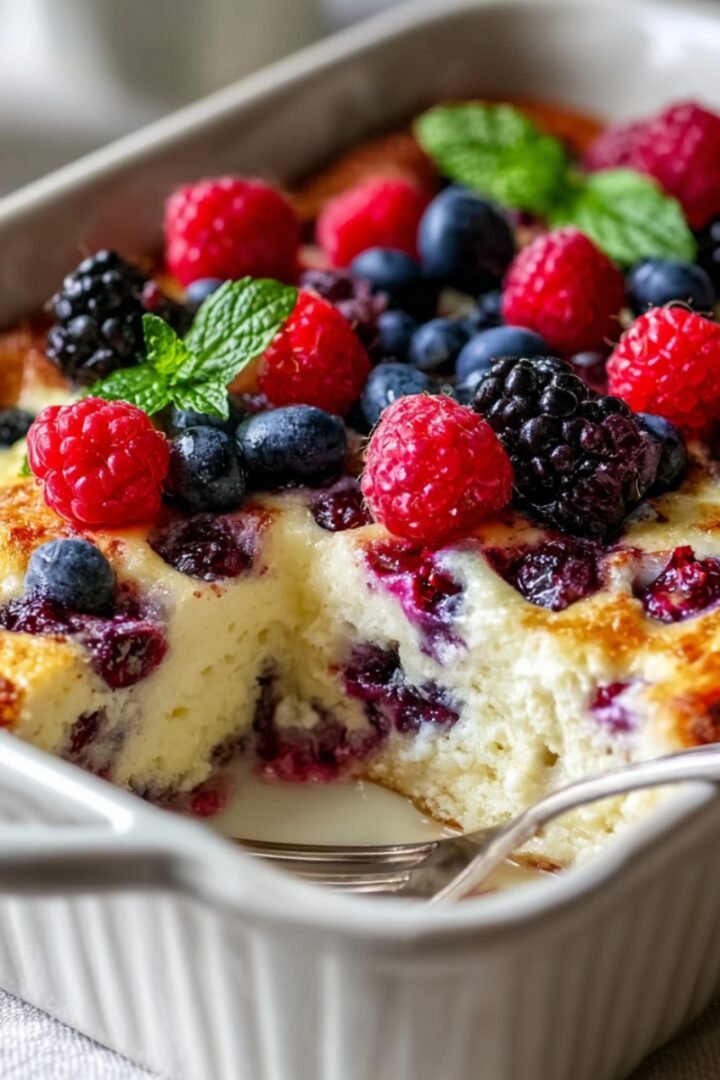 A white ribbed rectangular baking dish filled with a golden-edged protein berry bake with a fluffy creamy interior studded with burst berries, topped with fresh raspberries, blueberries, and blackberries garnished with fresh mint sprigs, with a spoon resting in a scooped-out corner revealing the soft custardy texture inside, placed on a white linen surface with a blurred cup visible in the background.