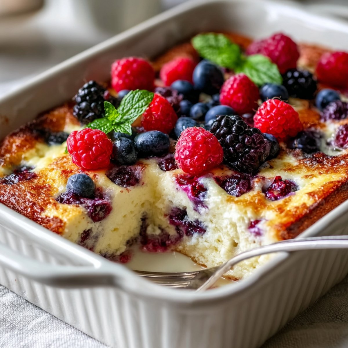 A white ribbed rectangular baking dish filled with a golden-edged protein berry bake with a fluffy creamy interior studded with burst berries, topped with fresh raspberries, blueberries, and blackberries garnished with fresh mint sprigs, with a spoon resting in a scooped-out corner revealing the soft custardy texture inside, placed on a white linen surface with a blurred cup visible in the background.