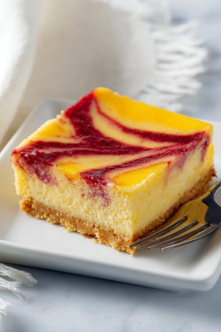 A single square raspberry mango cheesecake bar on a white ceramic plate with a silver fork alongside, featuring a golden graham cracker crust base, a thick creamy vanilla cheesecake layer, and a stunning swirled top of bright golden mango and deep crimson raspberry coulis creating a beautiful marbled pattern, on a white marble surface with a soft white linen napkin and blurred glass in the background.