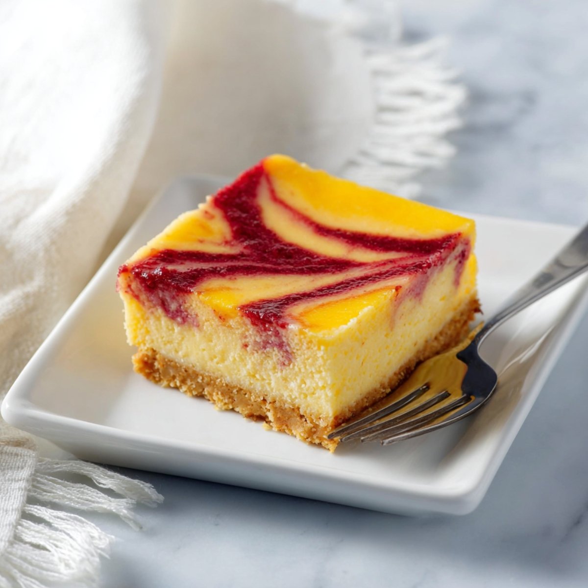 A single square raspberry mango cheesecake bar on a white ceramic plate with a silver fork alongside, featuring a golden graham cracker crust base, a thick creamy vanilla cheesecake layer, and a stunning swirled top of bright golden mango and deep crimson raspberry coulis creating a beautiful marbled pattern, on a white marble surface with a soft white linen napkin and blurred glass in the background.