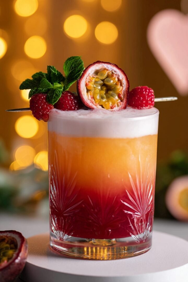A stunning crystal cut-glass rocks glass showcasing a dramatic ombre gradient from deep crimson raspberry at the base through golden passionfruit orange to a thick frothy white egg white foam on top, garnished with a cocktail skewer holding fresh raspberries, a halved passionfruit, and a fresh mint sprig, placed on a white pedestal with a halved passionfruit beside it, against a warm golden bokeh light background with a decorative pink heart ornament.