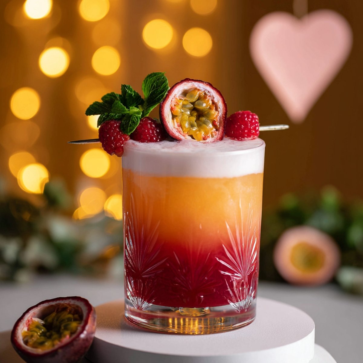 A stunning crystal cut-glass rocks glass showcasing a dramatic ombre gradient from deep crimson raspberry at the base through golden passionfruit orange to a thick frothy white egg white foam on top, garnished with a cocktail skewer holding fresh raspberries, a halved passionfruit, and a fresh mint sprig, placed on a white pedestal with a halved passionfruit beside it, against a warm golden bokeh light background with a decorative pink heart ornament.