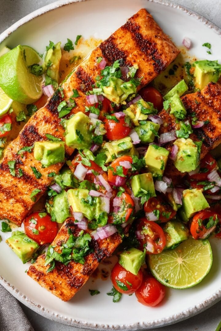 Overhead view of a rustic white speckled ceramic plate with three blackened spice-crusted salmon fillets topped with a vibrant fresh avocado salsa made of chunky diced avocado, halved cherry tomatoes, diced red onion, and chopped cilantro, garnished with lime wedges, placed on a light gray surface with a gray linen napkin alongside and a small bowl of fresh herbs partially visible in the corner.