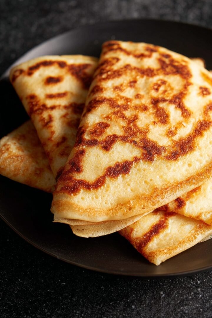 Several golden Scottish tattie scones folded into triangles and stacked on a dark round ceramic plate, showing characteristic golden-brown pan-fried spots and a thin flat texture, on a dark speckled stone surface.