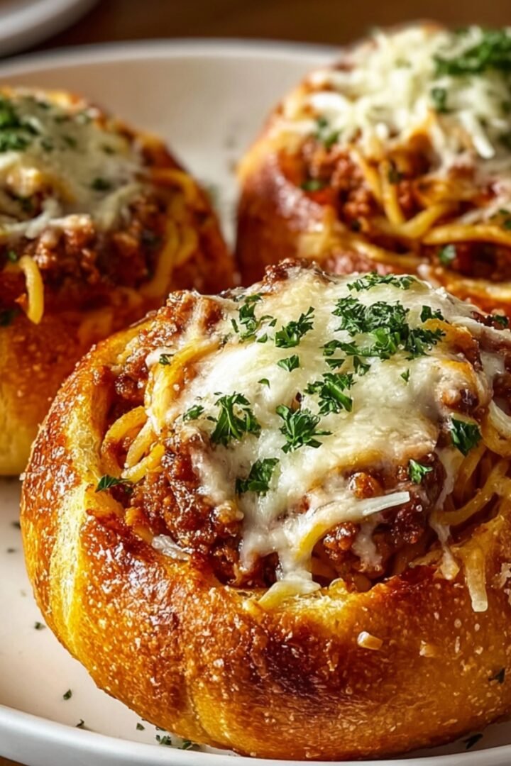 Three golden Spaghetti Garlic Bread Bowls filled with meaty marinara spaghetti, topped with melted mozzarella and fresh parsley, served on a white plate.