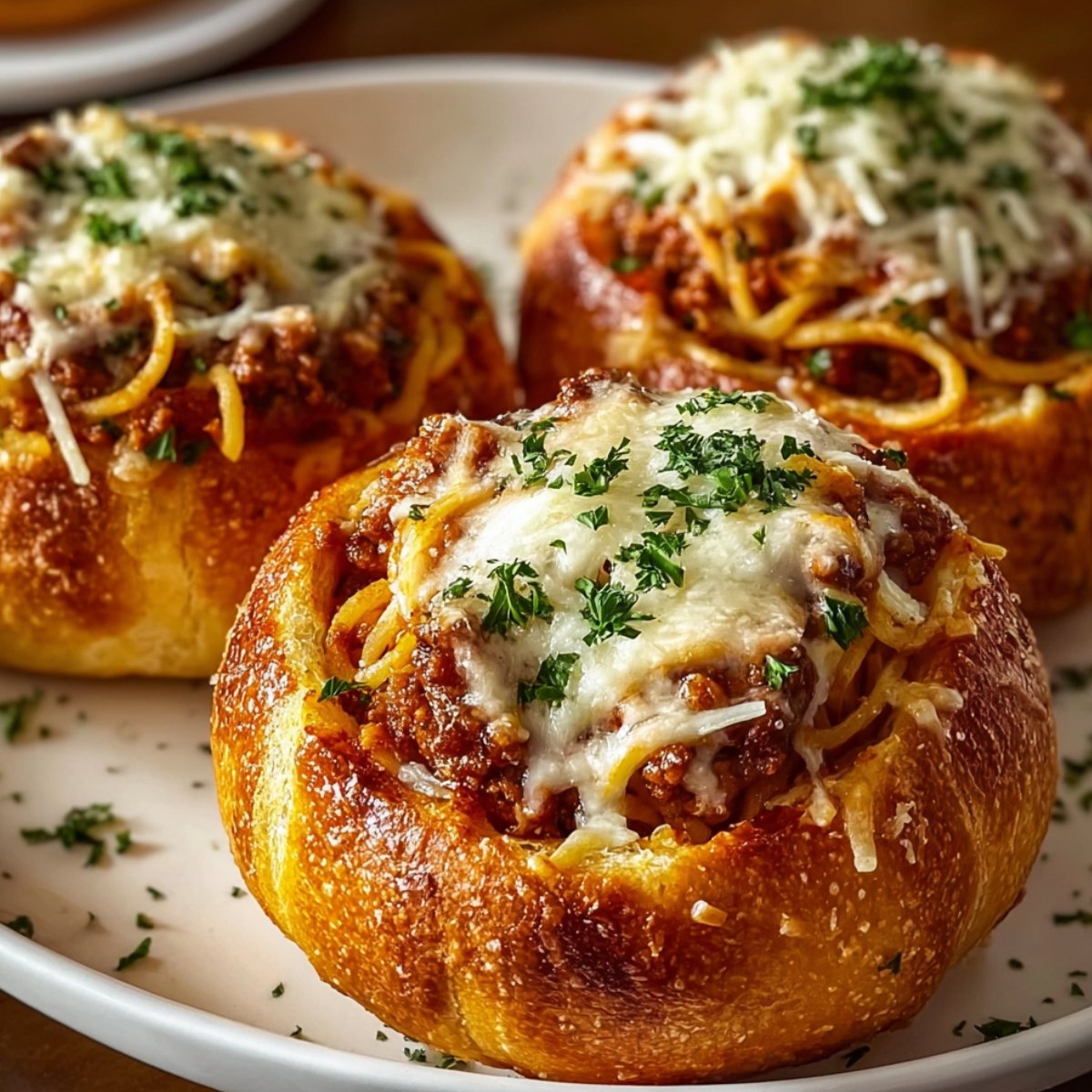 Three golden Spaghetti Garlic Bread Bowls filled with meaty marinara spaghetti, topped with melted mozzarella and fresh parsley, served on a white plate.