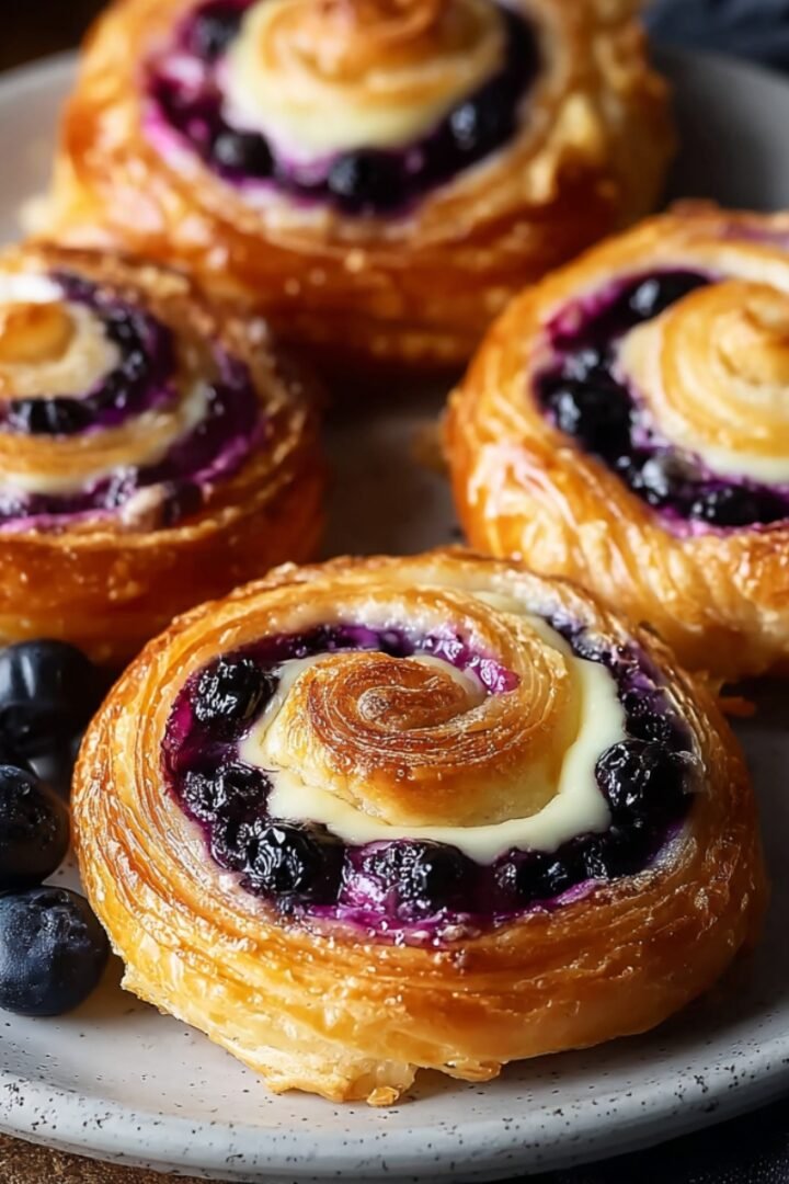 Four golden flaky swirled blueberry cream cheese Danish pastries arranged on a speckled gray ceramic plate, each featuring a spiral of buttery laminated puff pastry filled with deep purple blueberry compote and a creamy white cream cheese center, accompanied by fresh whole blueberries and a silver fork on the plate, with a dark blue linen napkin on a warm brown surface in the background.