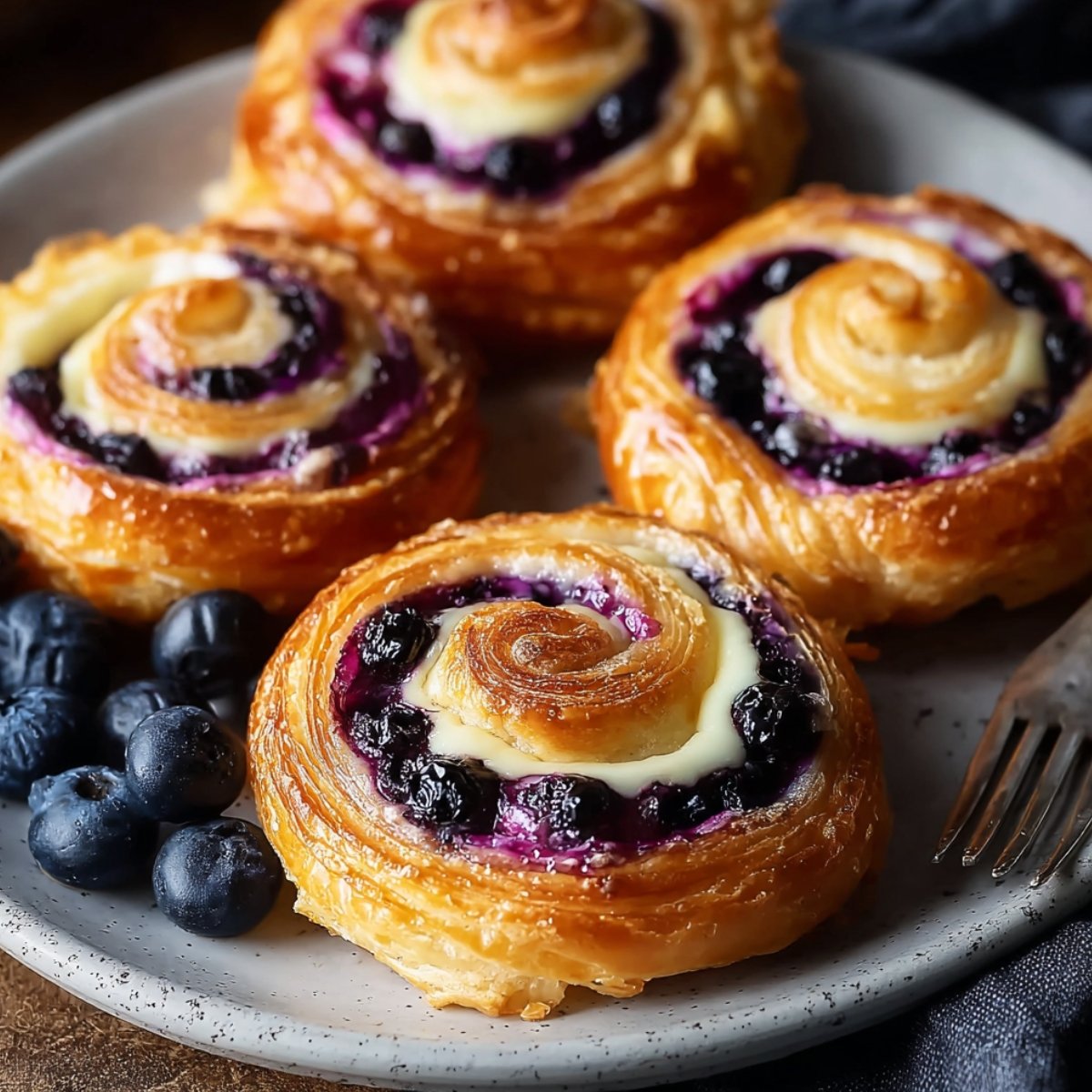 Four golden flaky swirled blueberry cream cheese Danish pastries arranged on a speckled gray ceramic plate, each featuring a spiral of buttery laminated puff pastry filled with deep purple blueberry compote and a creamy white cream cheese center, accompanied by fresh whole blueberries and a silver fork on the plate, with a dark blue linen napkin on a warm brown surface in the background.