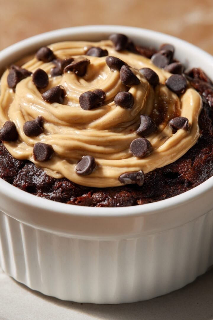 A close-up of a single-serve fudgy chocolate protein brownie baked in a white ribbed ramekin, domed and overflowing the top, swirled with creamy peanut butter and scattered with mini dark chocolate chips, placed on a small white ceramic saucer on a warm wooden surface.