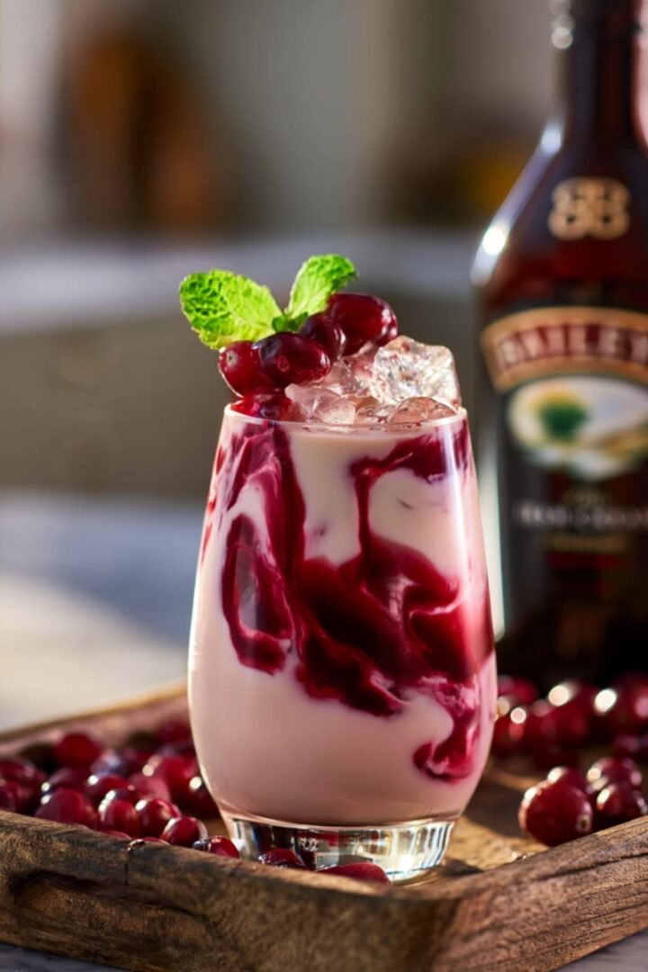 A stemless glass with a beautiful swirl of creamy Baileys and deep red cranberry juice over ice, topped with fresh cranberries and mint, served on a rustic wooden tray scattered with cranberries alongside a bottle of Baileys.