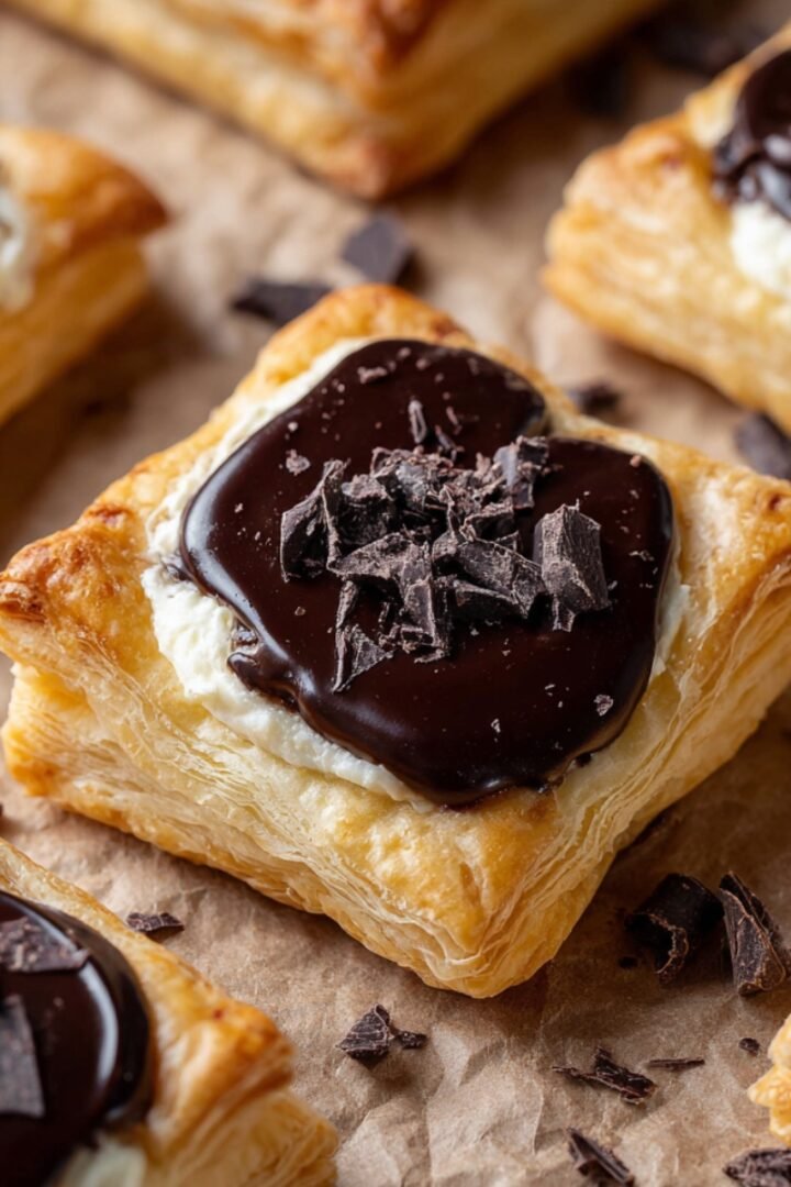 Golden flaky puff pastry Danish squares filled with cream cheese and topped with glossy dark chocolate ganache and chocolate shavings, arranged on parchment paper with scattered chocolate pieces.