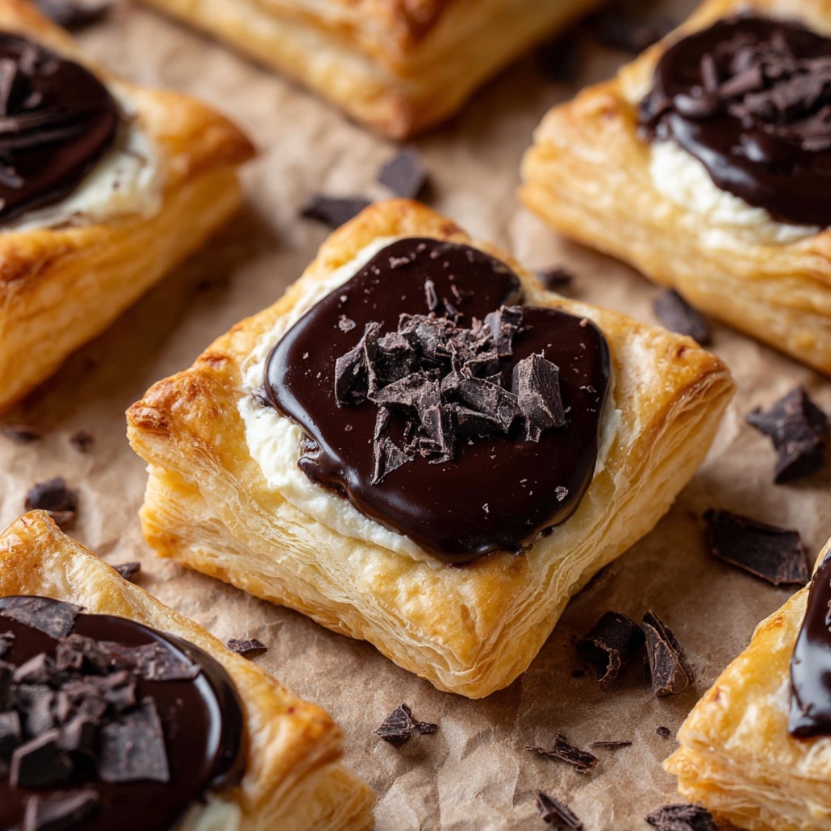 Golden flaky puff pastry Danish squares filled with cream cheese and topped with glossy dark chocolate ganache and chocolate shavings, arranged on parchment paper with scattered chocolate pieces.