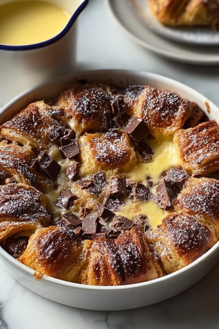 A golden baked chocolate croissant breakfast bake in a round white dish, with flaky croissant pieces, dark chocolate chunks, creamy custard, and a dusting of powdered sugar, served on a marble surface with a pitcher of custard sauce alongside.