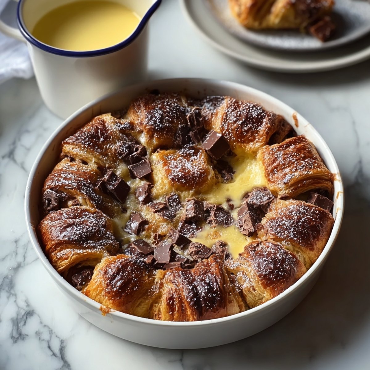 A golden baked chocolate croissant breakfast bake in a round white dish, with flaky croissant pieces, dark chocolate chunks, creamy custard, and a dusting of powdered sugar, served on a marble surface with a pitcher of custard sauce alongside.