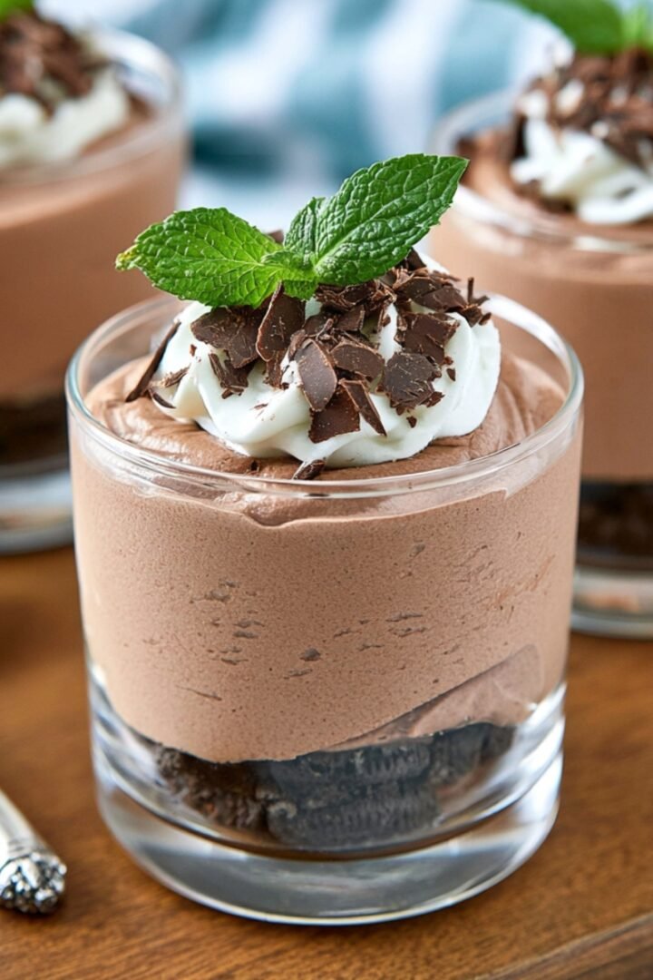 Three glass cups layered with a chocolate cookie crumb base and creamy chocolate hazelnut mascarpone mousse, topped with whipped cream, chocolate shavings, and a fresh mint sprig.