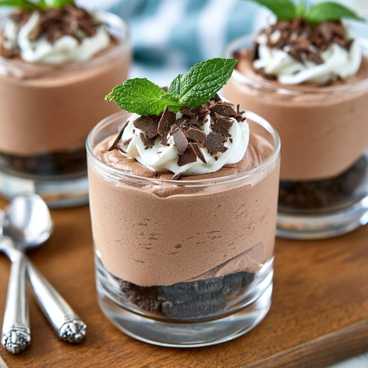 Three glass cups layered with a chocolate cookie crumb base and creamy chocolate hazelnut mascarpone mousse, topped with whipped cream, chocolate shavings, and a fresh mint sprig.