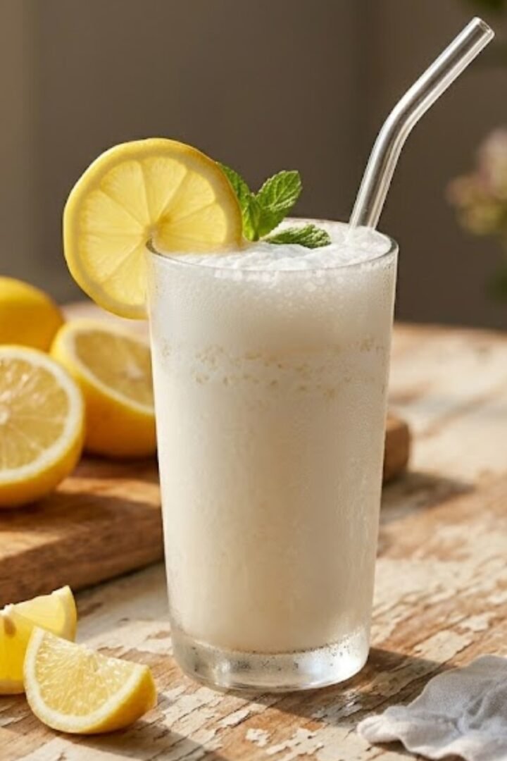 A tall frothy coconut lemonade with crushed ice, garnished with a lemon wheel, fresh mint, and a metal straw, served on a rustic wooden surface with halved and wedged lemons alongside.