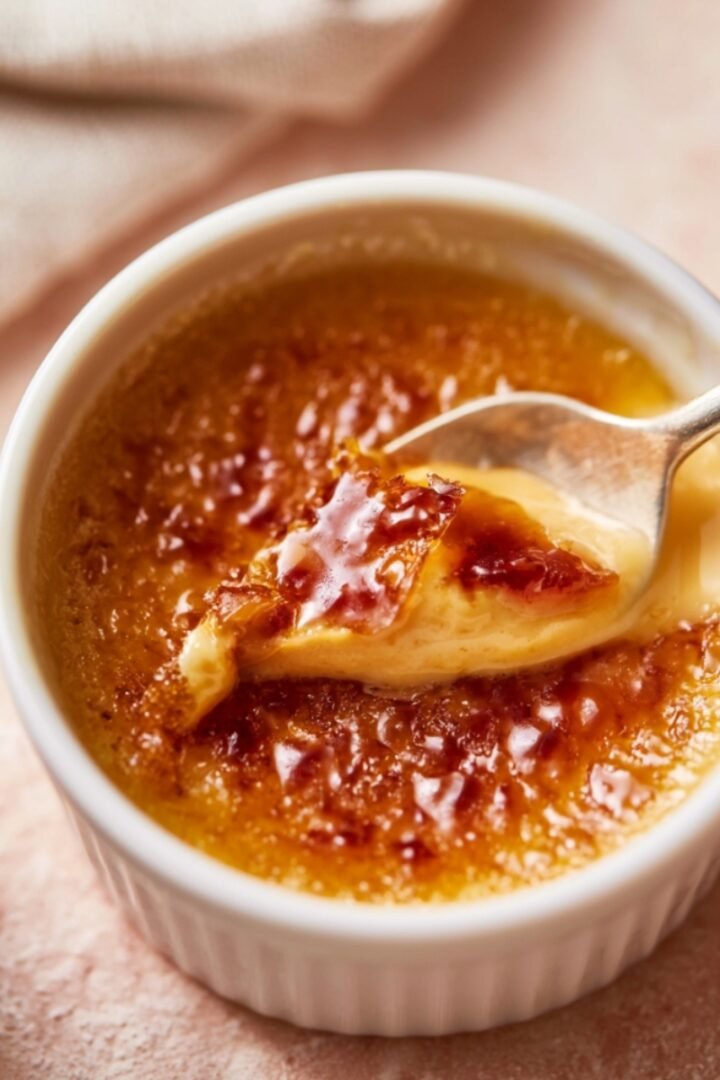 A white ramekin of coffee crème brûlée with a cracked caramelized sugar crust being broken by a spoon to reveal the creamy custard beneath, with a second ramekin visible alongside on a pink surface.