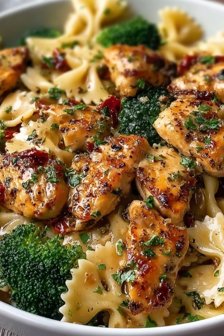 A bowl of Cowboy Butter Lemon Chicken Bowtie Pasta with golden seared chicken bites, broccoli florets, sun-dried tomatoes, and fresh herbs tossed in a buttery lemon sauce.