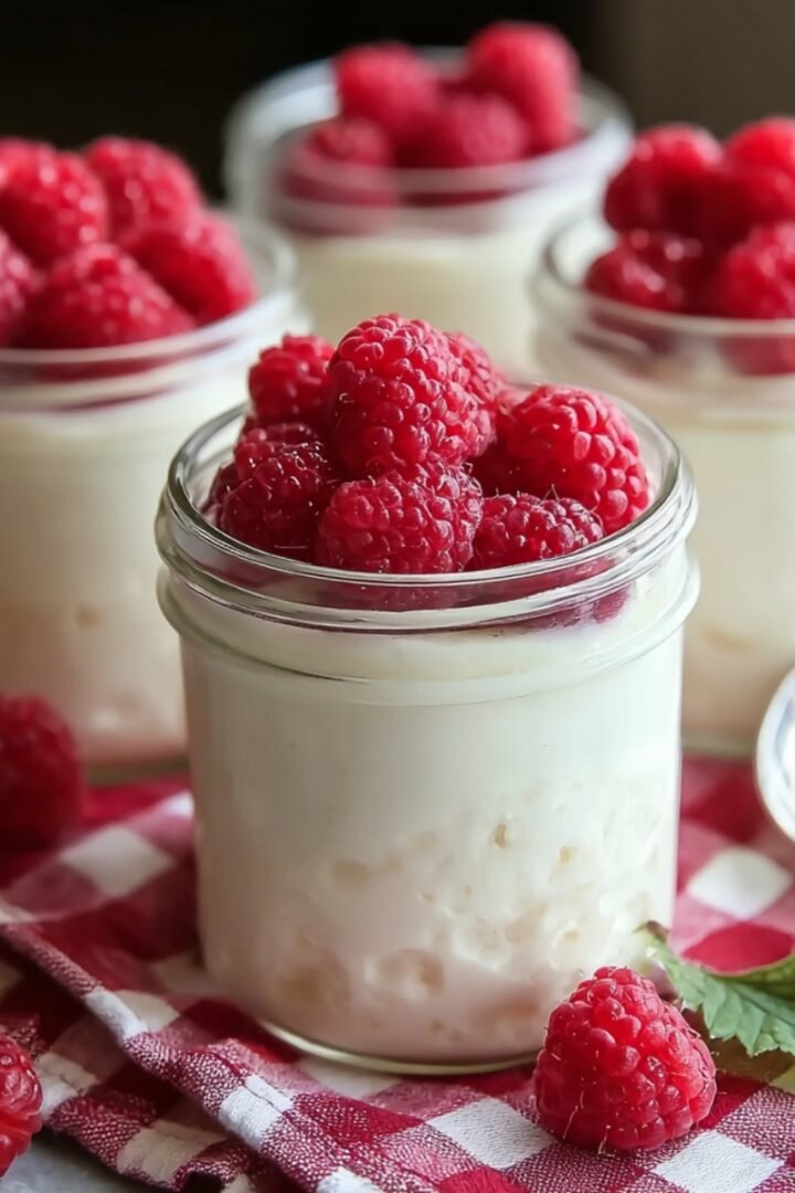 Four glass mason jars filled with creamy white coconut mousse, topped with fresh raspberries, arranged on a red and white checkered cloth with a silver spoon and scattered raspberries alongside.
