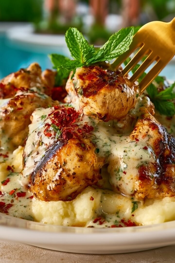Seared chicken thighs in a creamy garlic herb sauce with red chili flakes, served over a bed of creamy mashed potatoes, garnished with fresh mint and speared with a gold fork, with a blurred poolside backdrop.