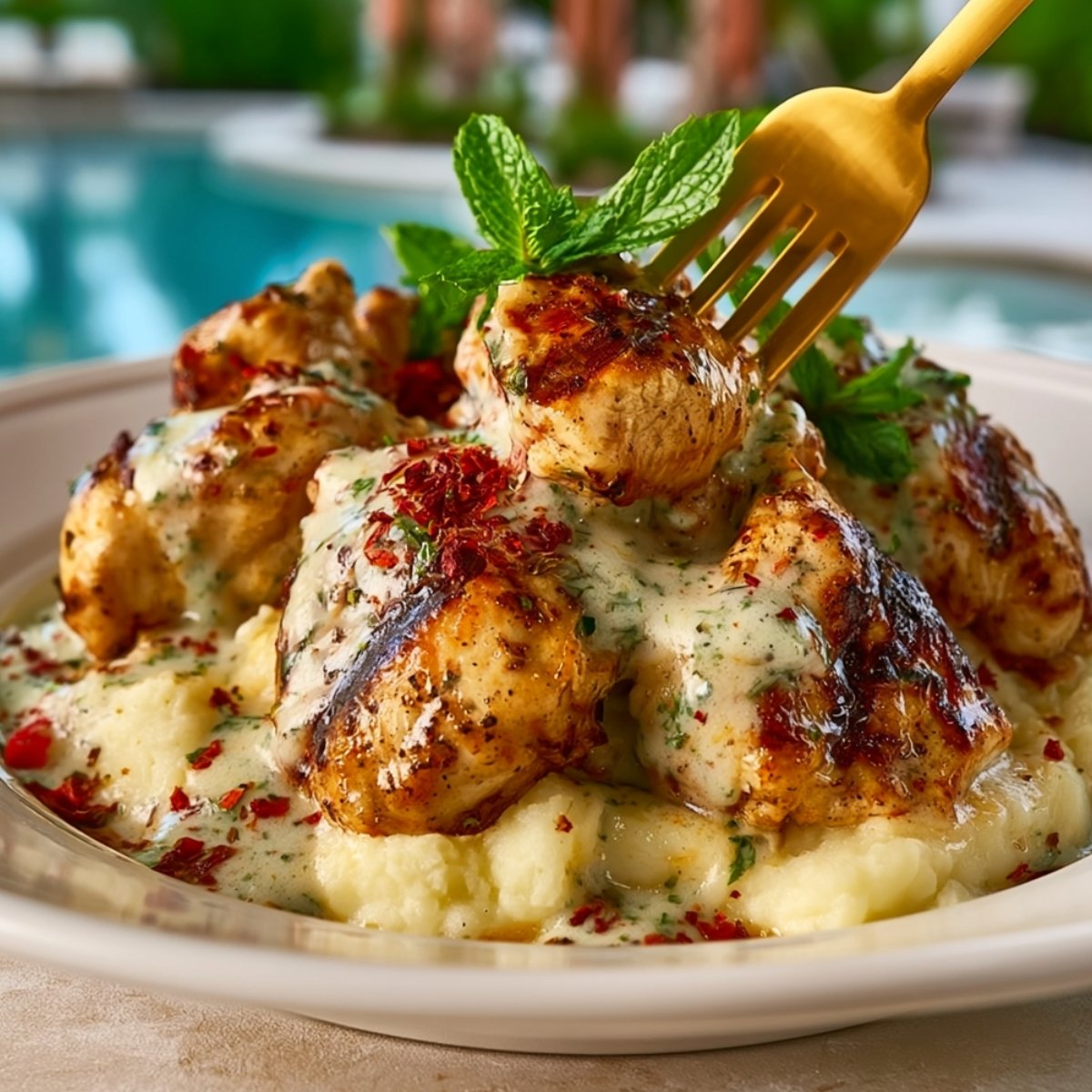 Seared chicken thighs in a creamy garlic herb sauce with red chili flakes, served over a bed of creamy mashed potatoes, garnished with fresh mint and speared with a gold fork, with a blurred poolside backdrop.