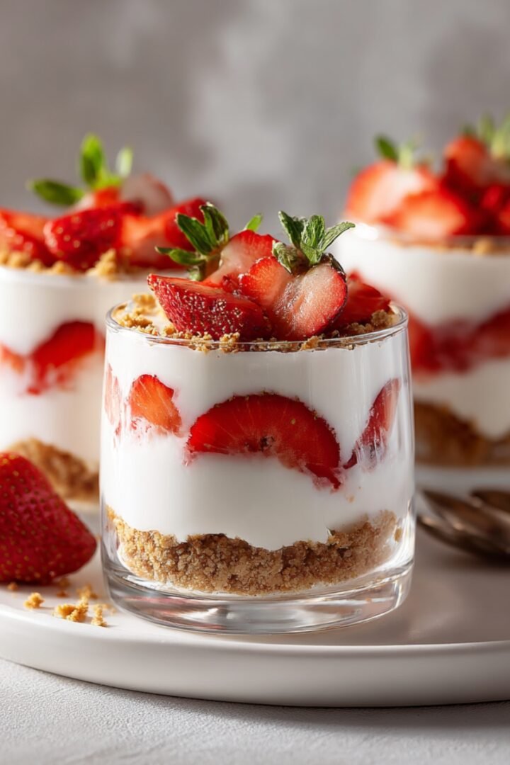 Three layered strawberry yogurt dessert cups with a graham cracker crumb base, creamy white yogurt, fresh sliced strawberries, and a mint garnish, served on a white plate with whole strawberries and spoons alongside.