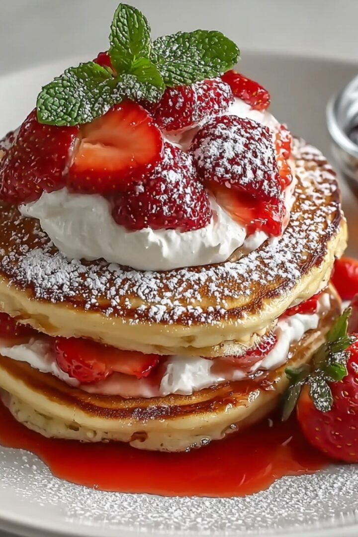 A tall stack of fluffy golden pancakes layered with whipped cream cheese and fresh strawberries, dusted with powdered sugar, topped with a whipped cream mound and sliced strawberries with mint, pooled in strawberry syrup on a white plate with a syrup cup alongside.