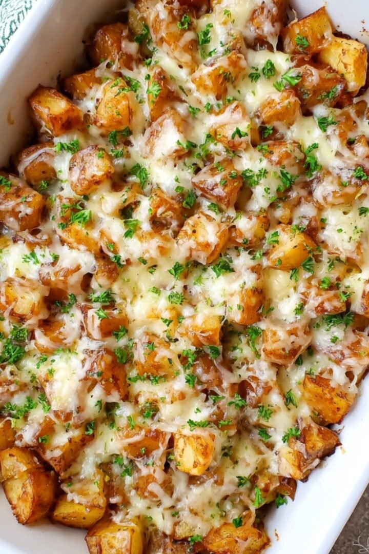 A white baking dish filled with golden roasted potato cubes and caramelized onions, topped with melted shredded Swiss cheese and fresh chopped parsley.