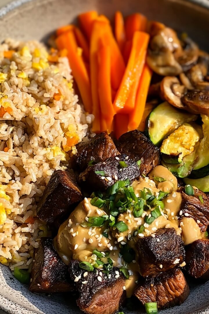 A hibachi steak bowl in a speckled ceramic bowl with seared steak bites drizzled in yum yum sauce and sesame seeds, alongside hibachi fried rice with egg, sautéed carrot sticks, zucchini rounds, and sliced mushrooms, garnished with sliced green onions.