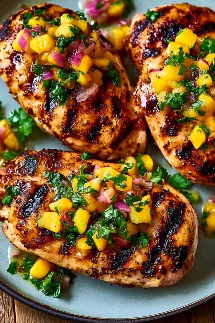 Four grilled honey lime chicken breasts on a blue plate, topped with a fresh mango salsa of diced mango, red onion, and chopped cilantro.