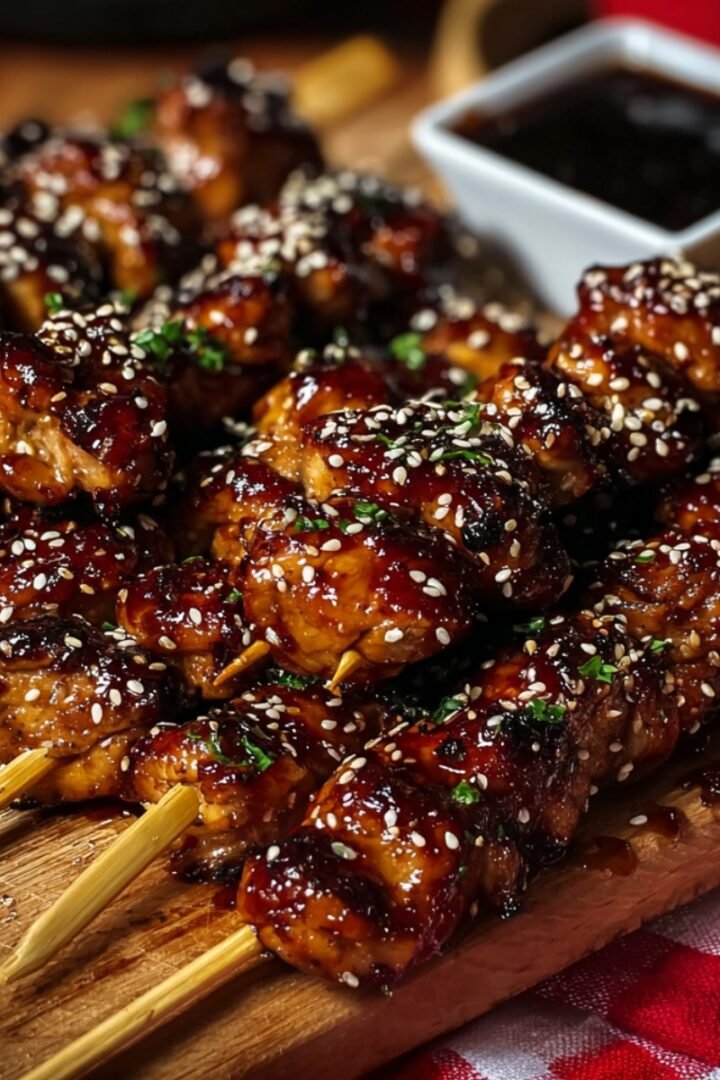 Glazed chicken yakitori skewers with a caramelized tare sauce, sprinkled with sesame seeds and fresh herbs, piled on a wooden board with a small bowl of dipping sauce, on a red checkered cloth.