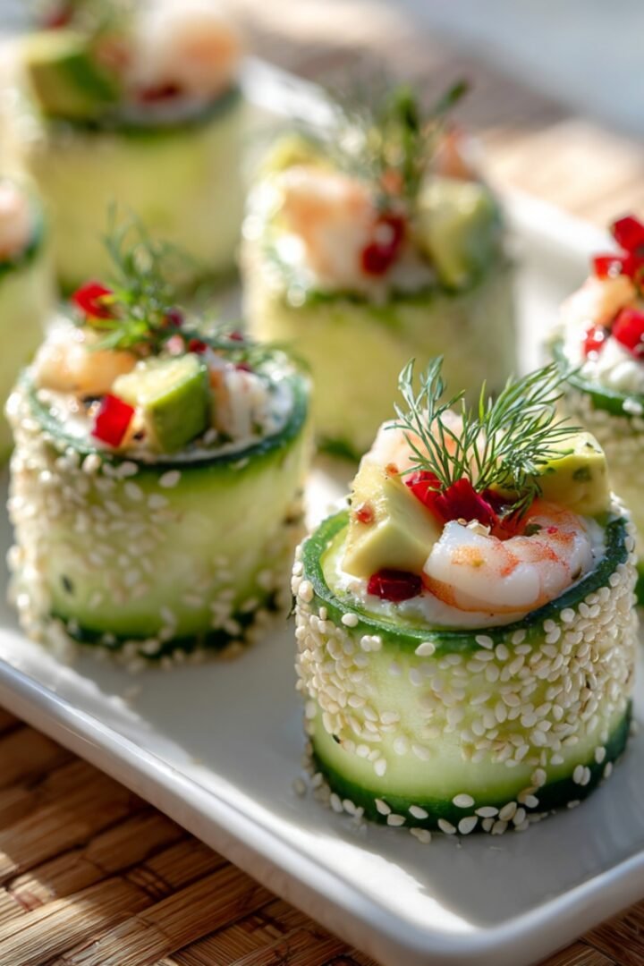 Six keto shrimp California sushi rolls wrapped in thin cucumber ribbons and coated in sesame seeds, topped with shrimp, avocado chunks, diced red pepper, and fresh dill, arranged on a white rectangular plate on a woven mat.