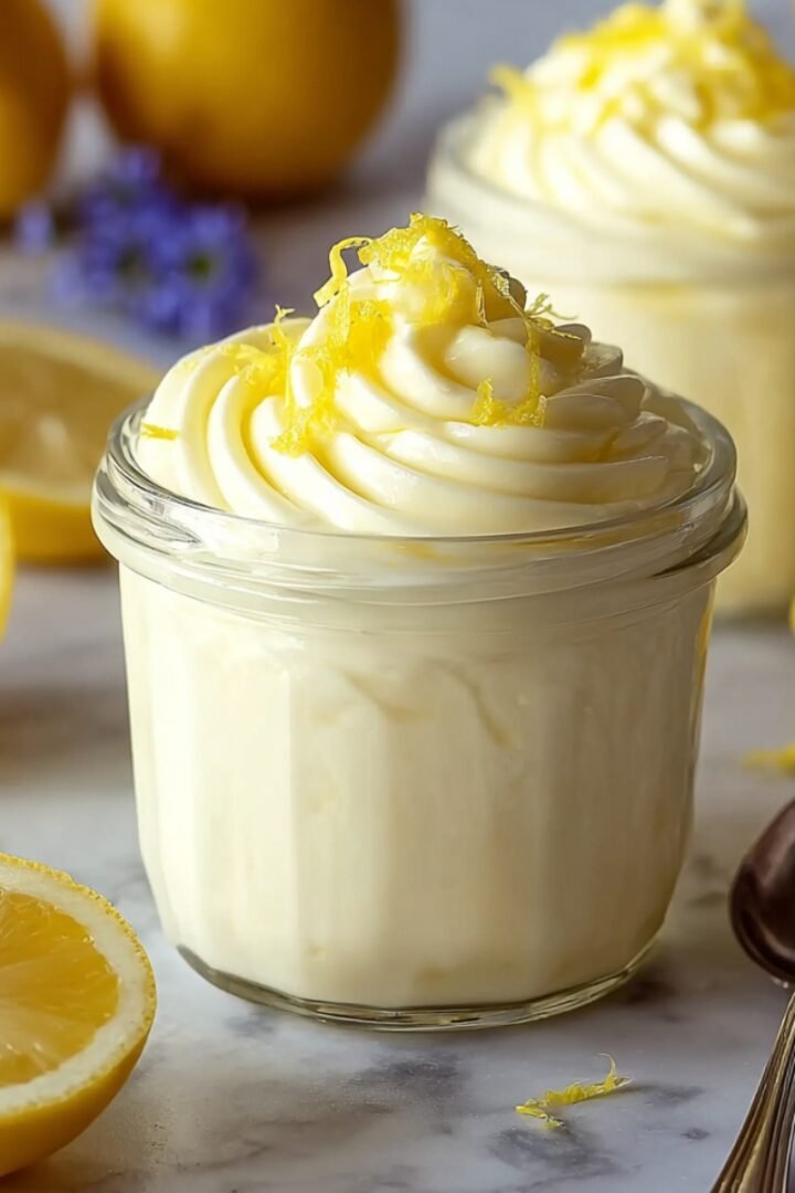 Two glass jars filled with creamy pale yellow lemon mousse, piped with swirled whipped cream and topped with fresh lemon zest, surrounded by halved lemons and a spoon on a marble surface.