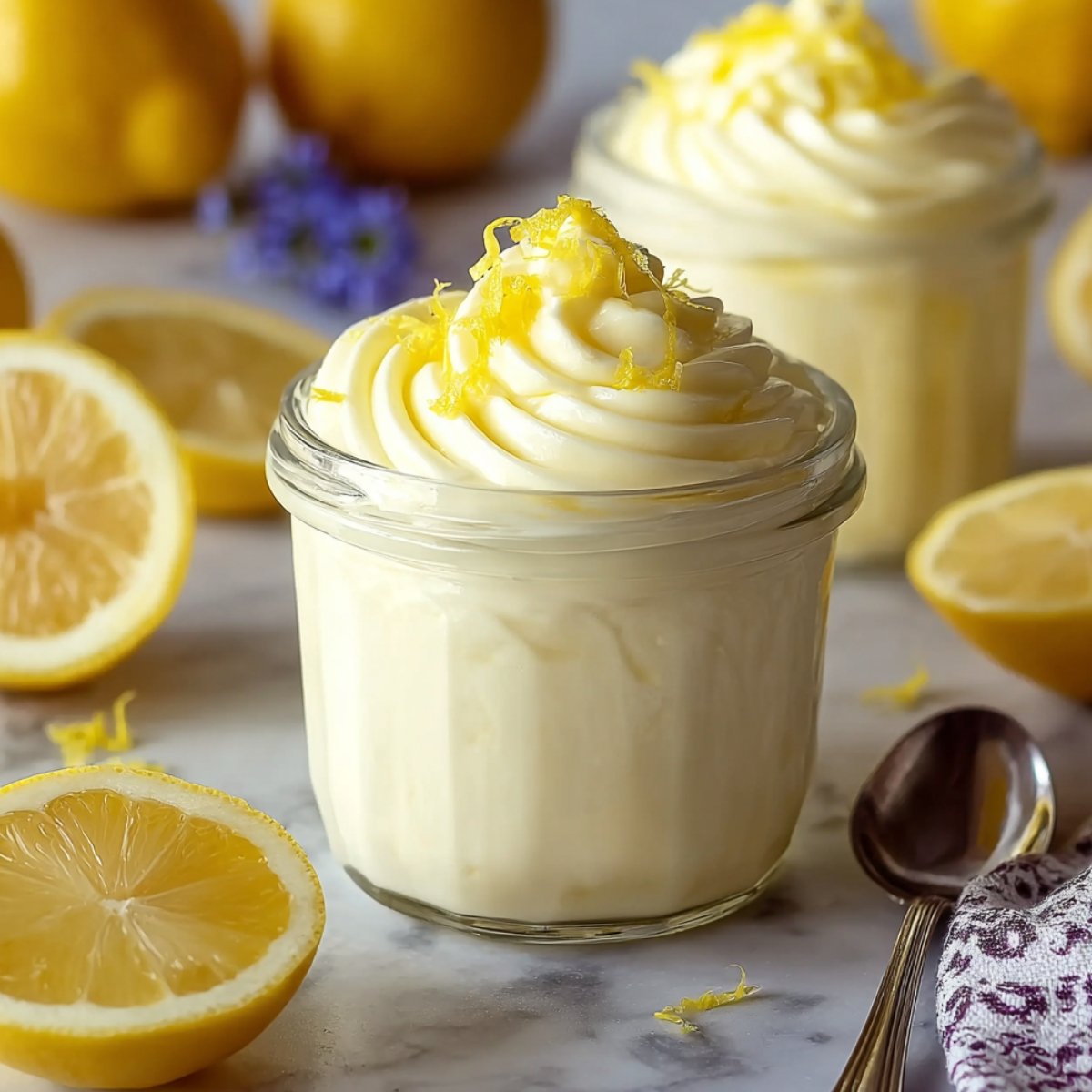 Two glass jars filled with creamy pale yellow lemon mousse, piped with swirled whipped cream and topped with fresh lemon zest, surrounded by halved lemons and a spoon on a marble surface.